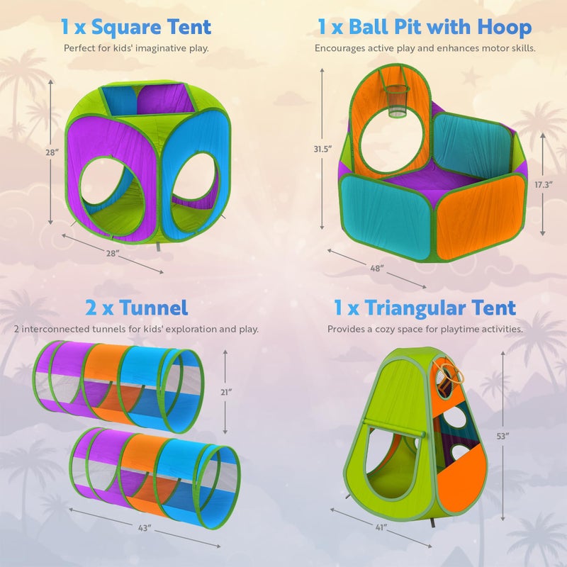 Playz 5-Piece Kids Pop up Play Tent Crawl Tunnel and Ball Pit with Basketball Hoop Playhouse for Boys, Girls, Babies, and Toddlers (Purple, Orange, Yellow, Red, Blue) - Image 3
